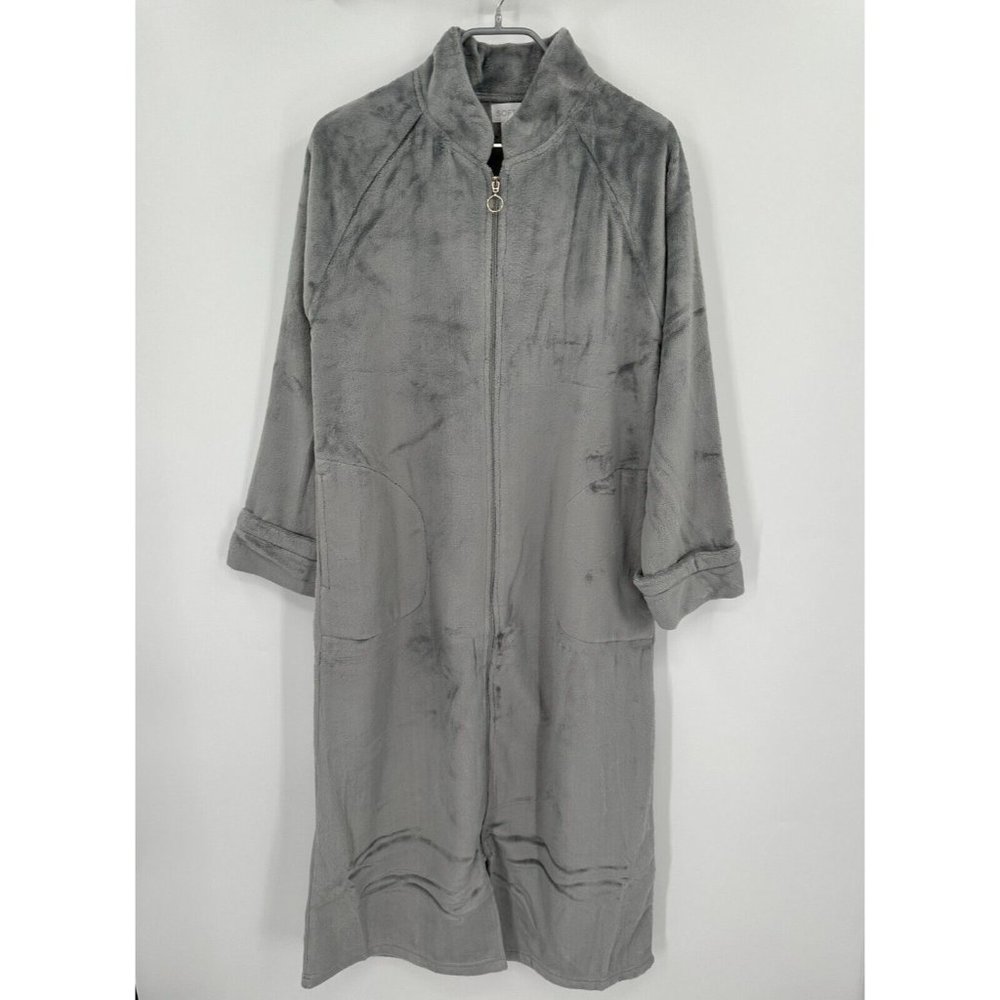 Softies 48" Plush Velour Mandarin Collar Zip-Up Robe sz S Women's Gray Midi NWOT
